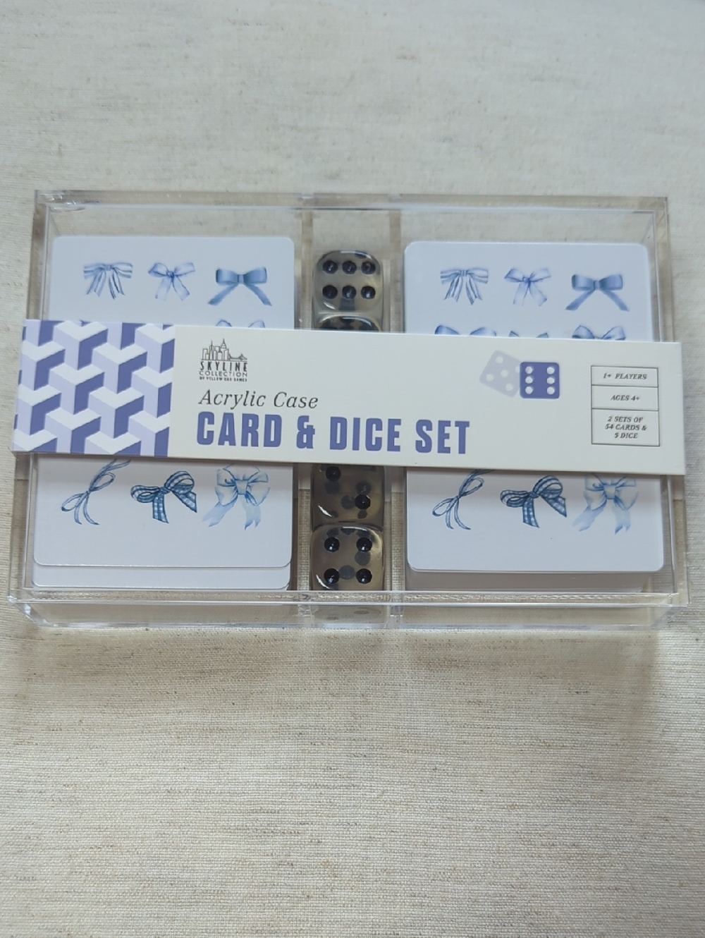 Blue Bow Design Acrylic Card & Dice Set